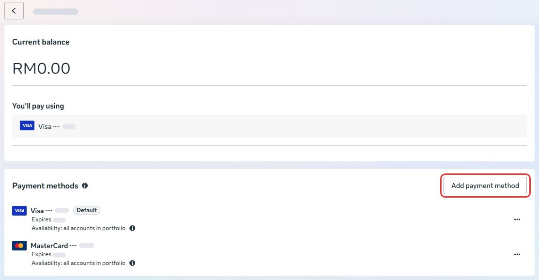 Billing & payments for a messaging account, with the card it pays with and the Add payment method button