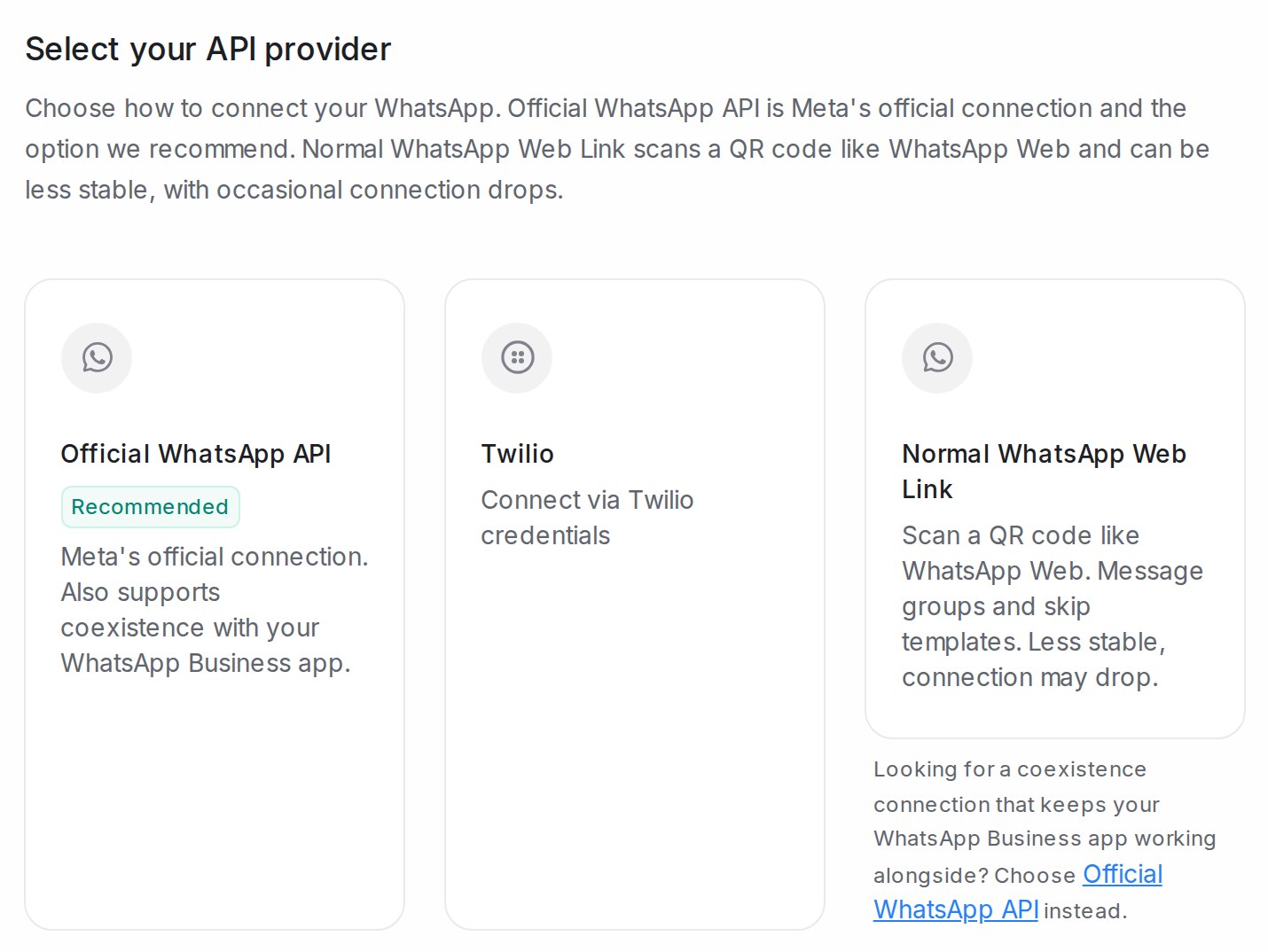 Select your API provider, with the Official WhatsApp API and Normal WhatsApp Web Link cards and the coexistence note