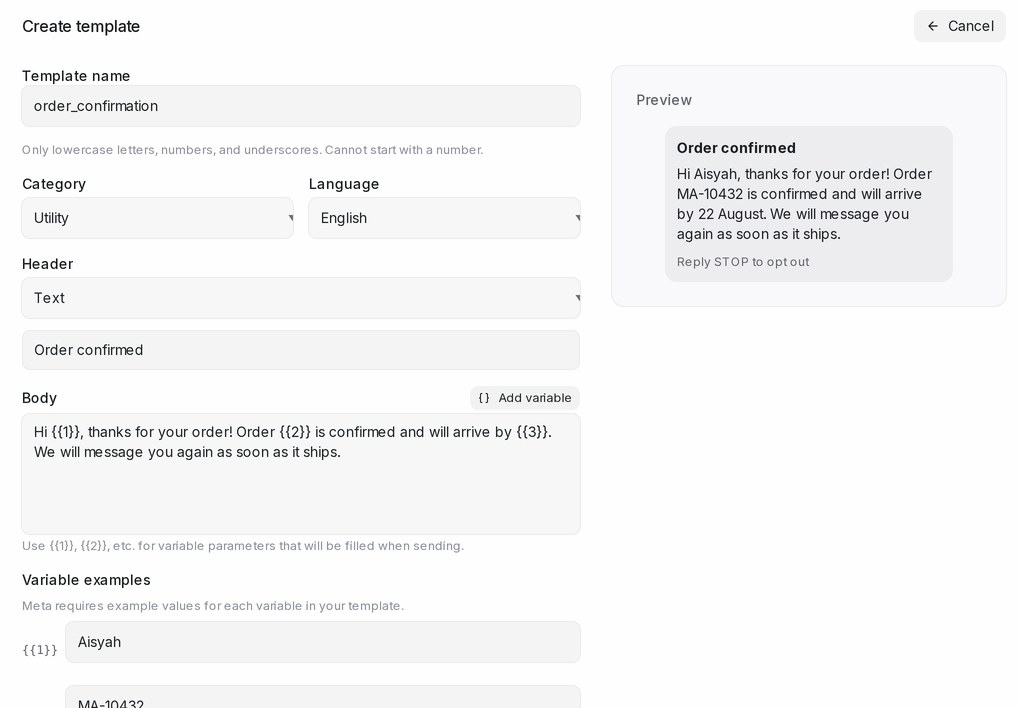 The Create template form, with a live preview of the message