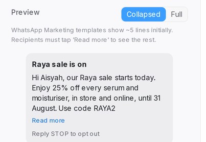 A Marketing template preview, collapsed behind Read more