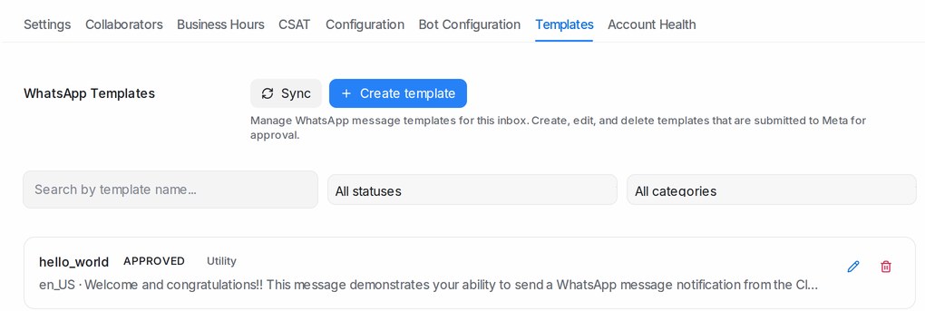The Templates tab on a WhatsApp inbox