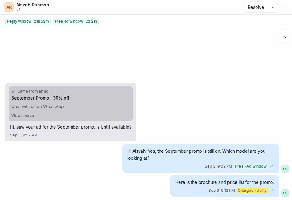 Reply window and Free ad window countdowns above a WhatsApp conversation