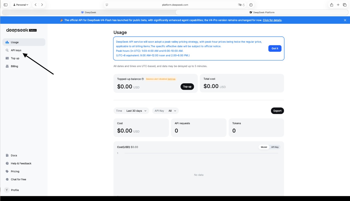 DeepSeek Usage page with API keys in the left sidebar