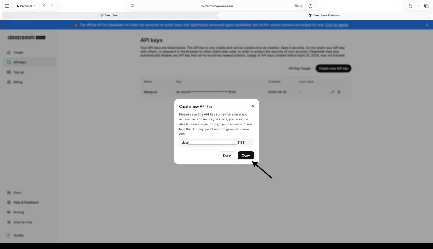 Create new API key dialog showing the key and the Copy button