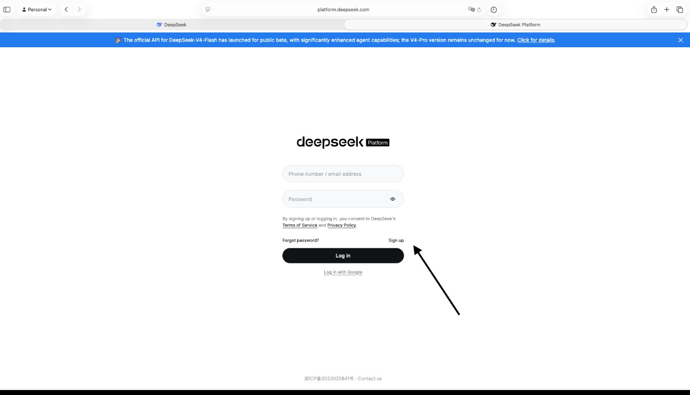 DeepSeek Platform login page with the Sign up link
