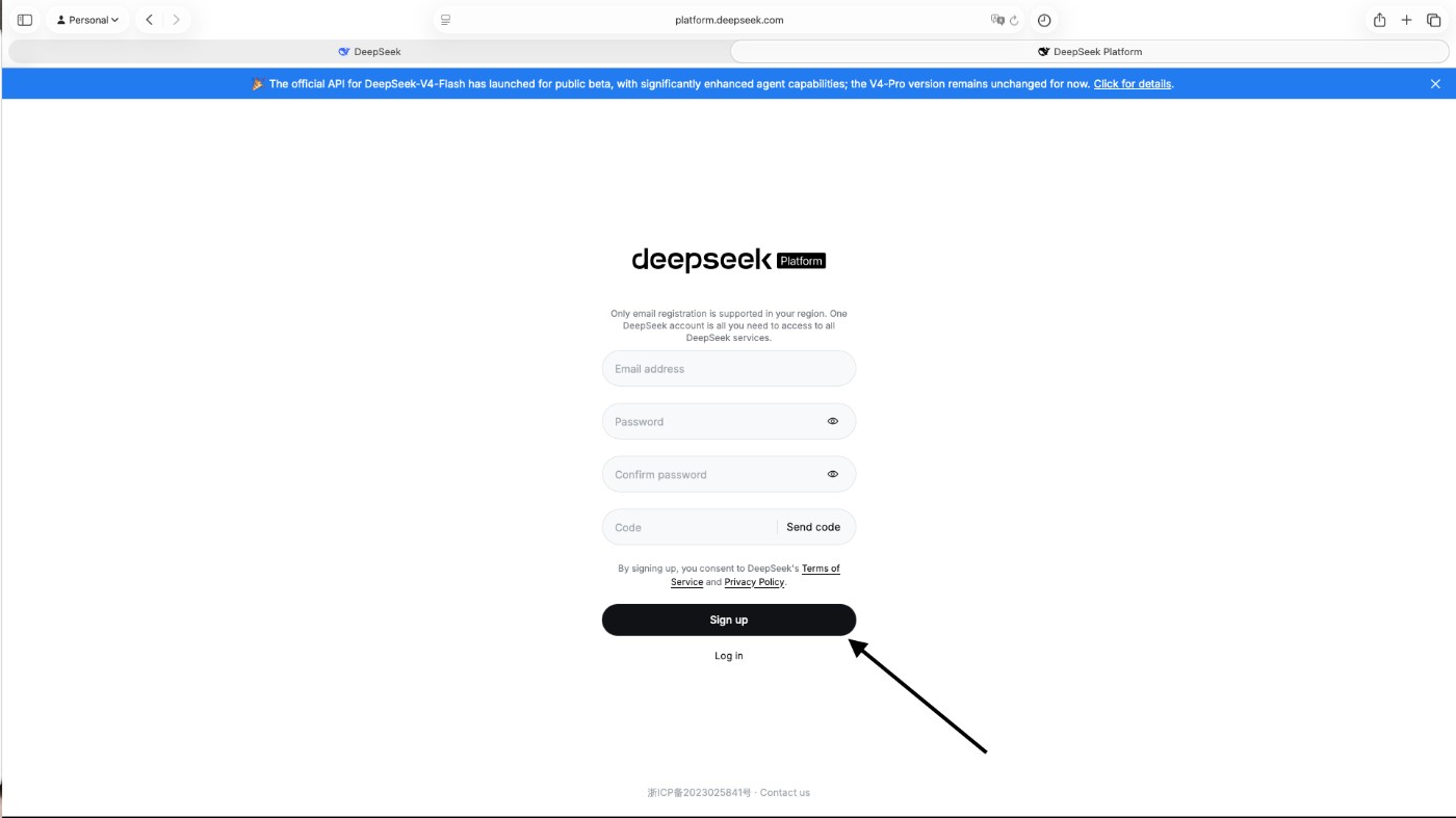 DeepSeek sign up form with email, password and verification code